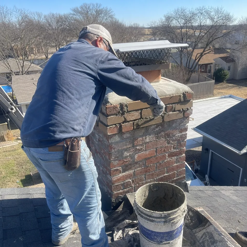 Professional technician performing masonry chimney repair on a residential roof
