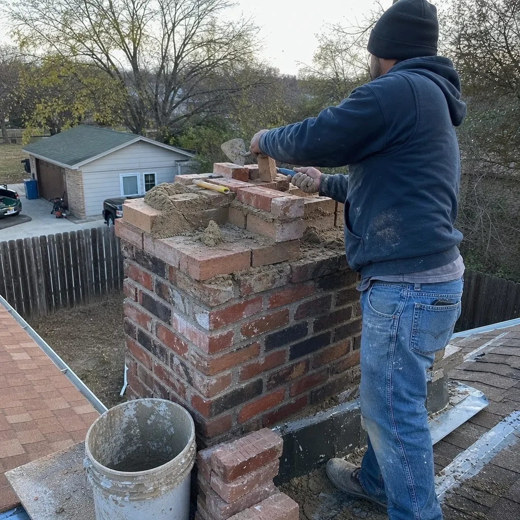 Professional bricklayer performing masonry chimney repair work on a residential roof