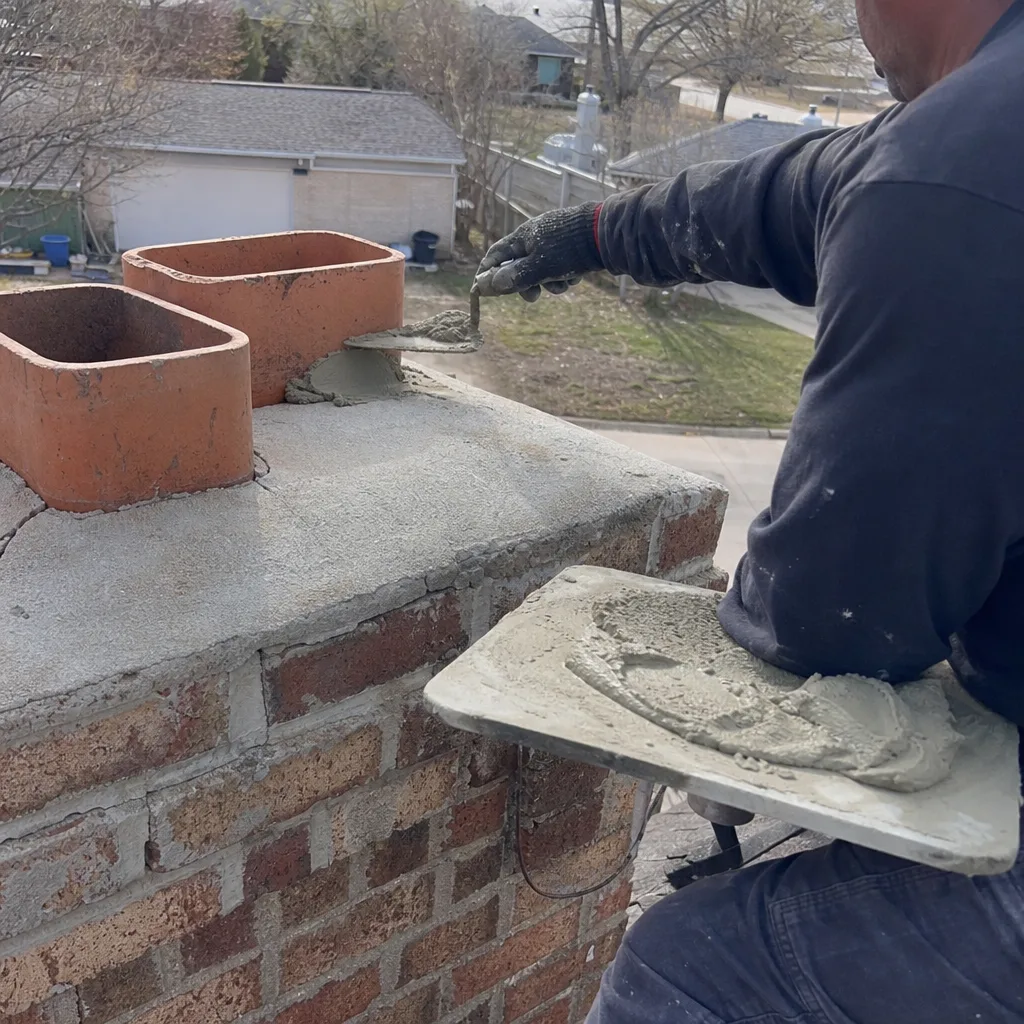 Professional chimney technician performing mortar repair on a brick chimney crown