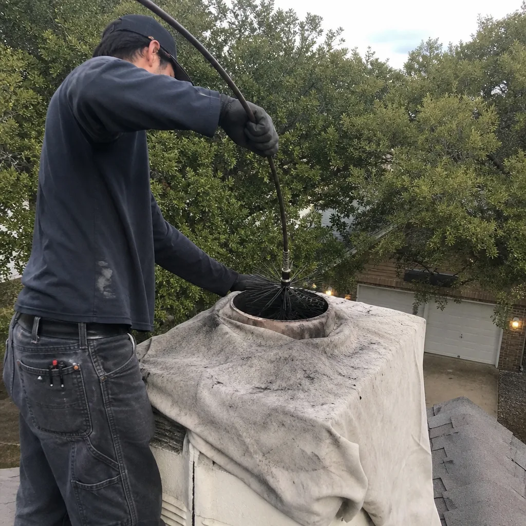 Professional chimney sweep cleaning a fireplace flue with a rotary brush tool