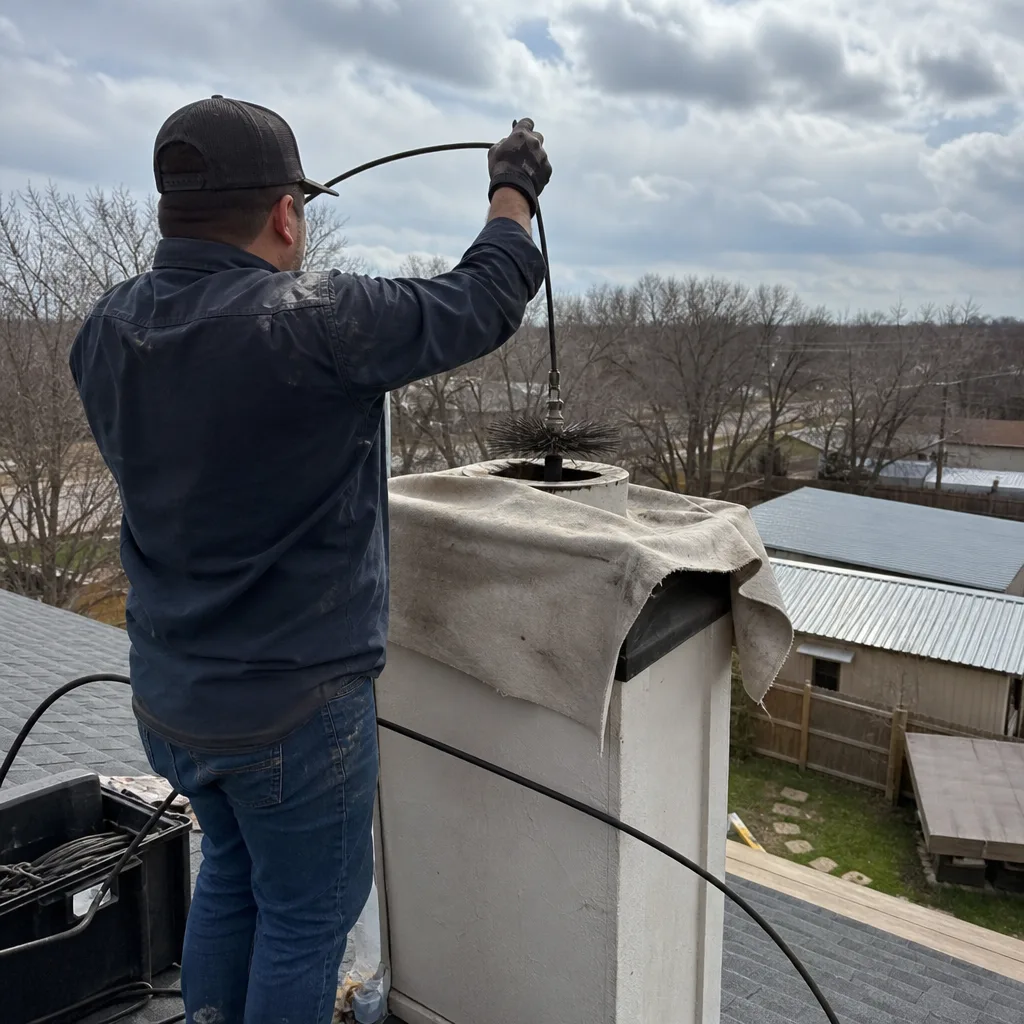 Technician performing professional chimney sweep maintenance and cleaning on a roof
