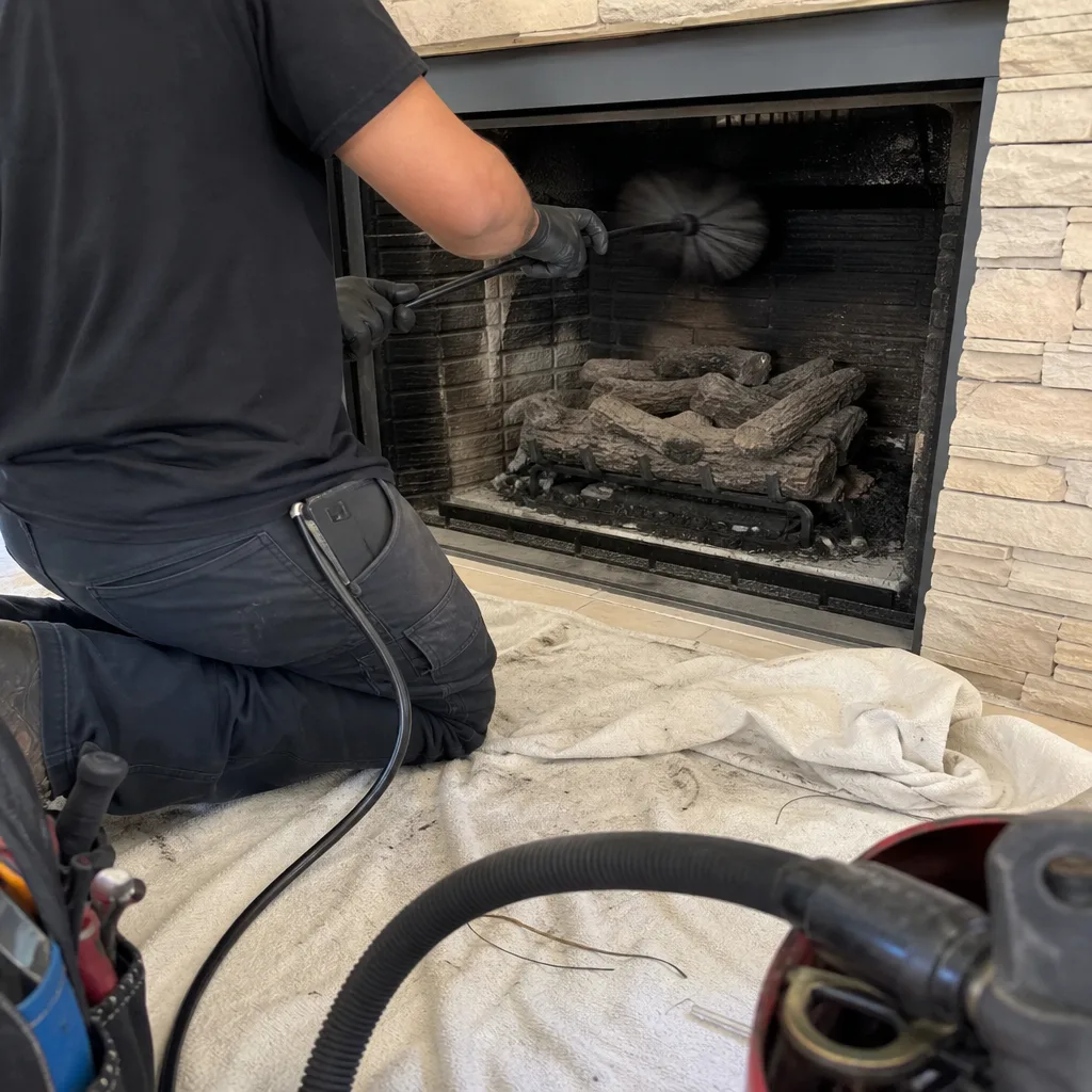 Technician cleaning and performing professional maintenance on a gas fireplace